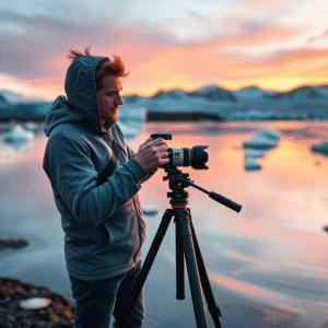 Photographer using a tripod-mounted camera at a scenic lake during sunset, with mountains in the background.