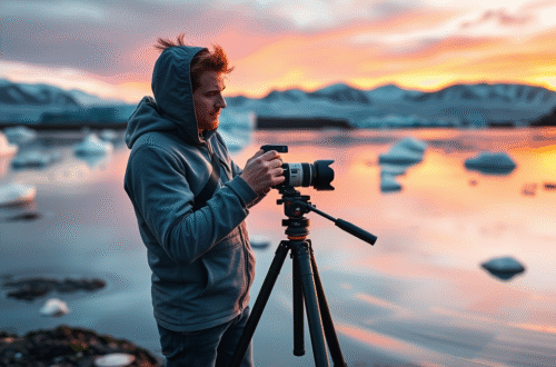 Photographer using a tripod-mounted camera at a scenic lake during sunset, with mountains in the background.