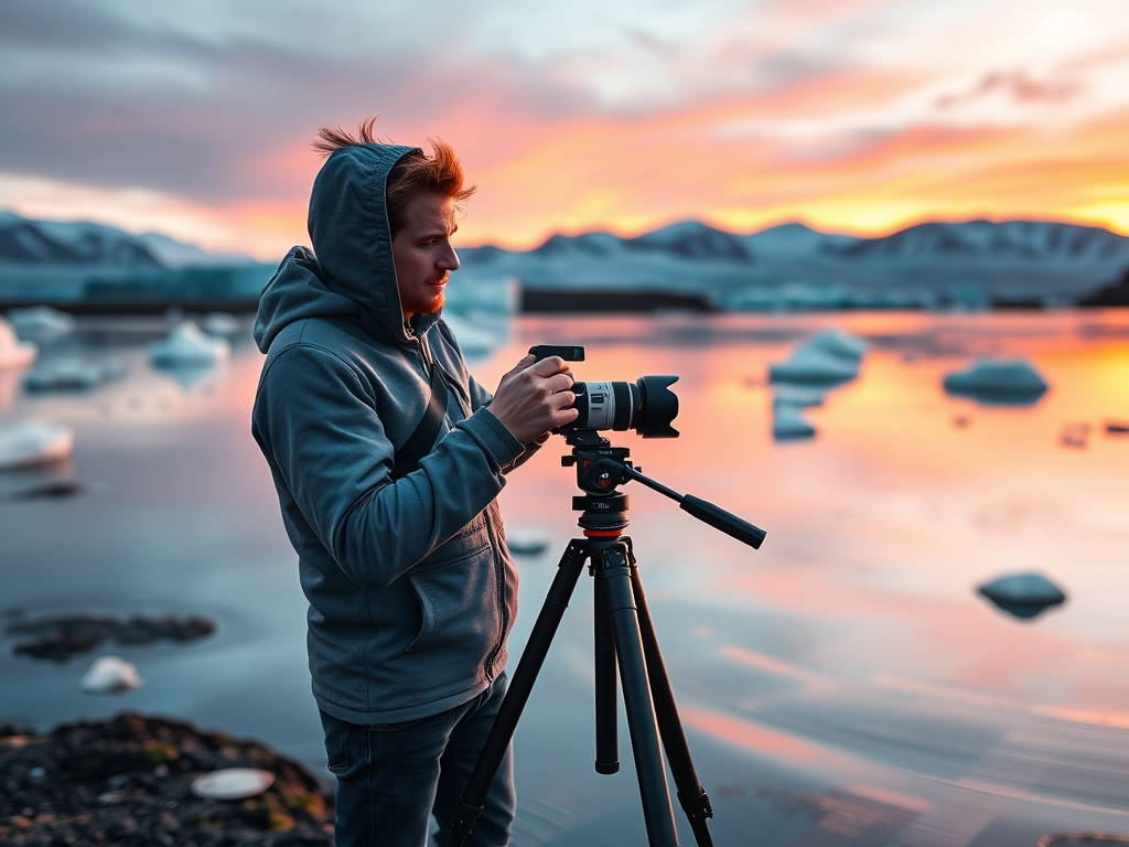 Photographer using a tripod-mounted camera at a scenic lake during sunset, with mountains in the background.