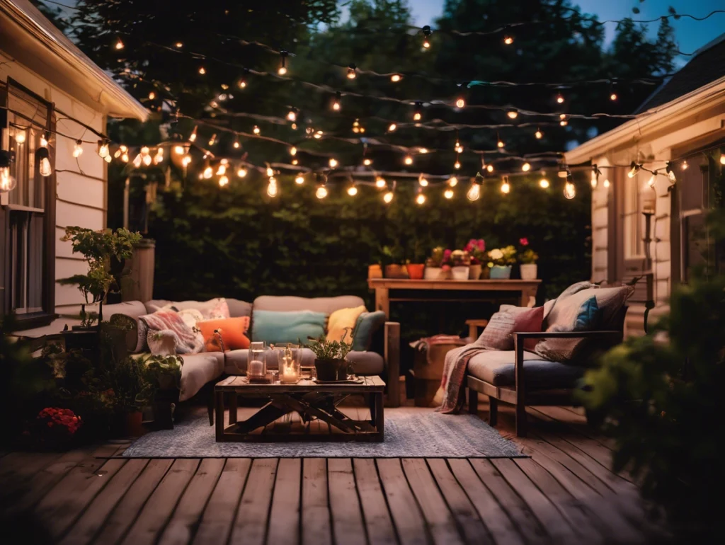 Cozy small patio with outdoor sofa set and coffee table under warm string lights on a wooden deck at dusk. - shupix