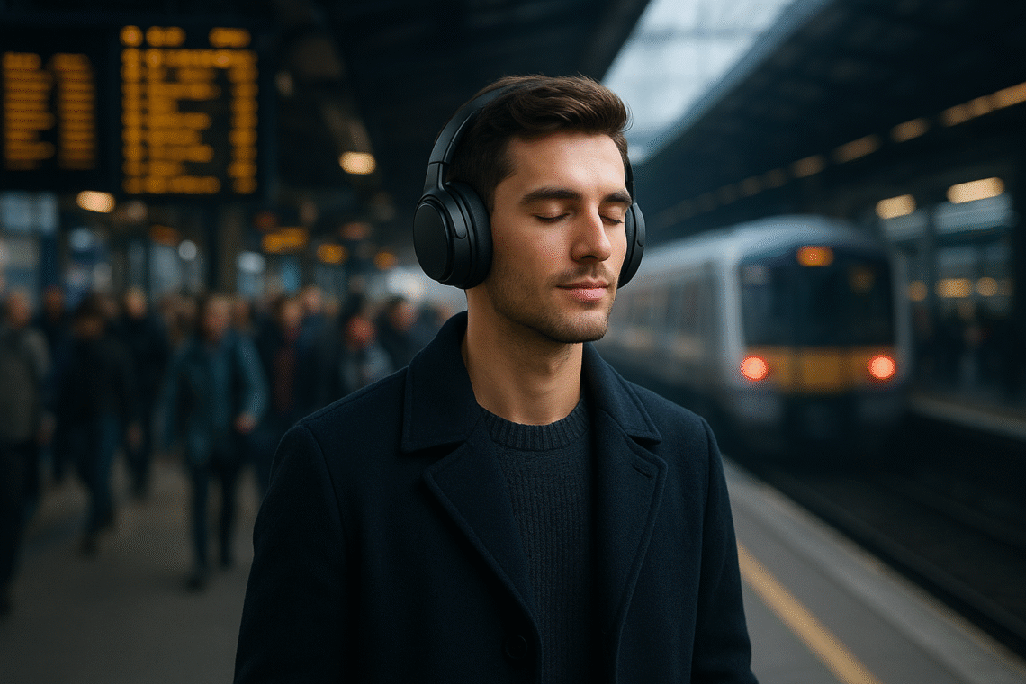 Handsome young man wearing black over-ear noise-cancelling headphones, standing calmly on a busy train station platform with blurred commuters and an approaching train in the background.
