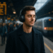 Handsome young man wearing black over-ear noise-cancelling headphones, standing calmly on a busy train station platform with blurred commuters and an approaching train in the background.