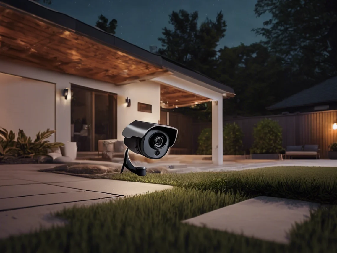 Outdoor security camera with night vision monitoring a modern home at dusk; weatherproof housing. - shupix