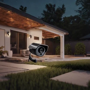 Outdoor security camera with night vision monitoring a modern home at dusk; weatherproof housing. - shupix