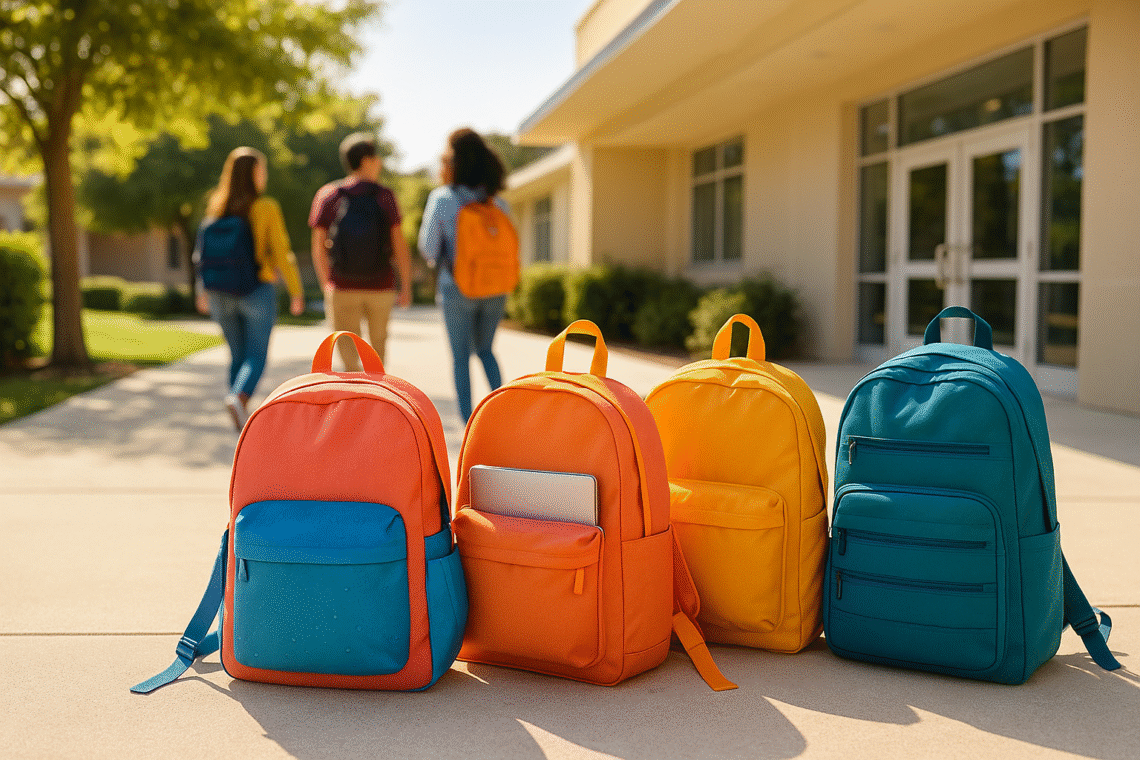 Colorful school backpacks for teens neatly arranged outside a school entrance, with students walking in the background on a sunny day.