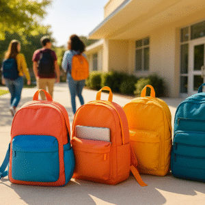 Colorful school backpacks for teens neatly arranged outside a school entrance, with students walking in the background on a sunny day.