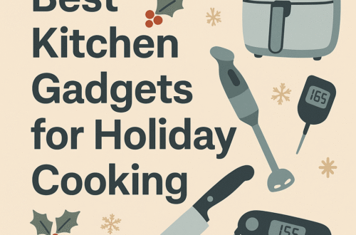 A flat illustration of kitchen gadgets including an air fryer, knife, thermometer, and blender with holiday elements like holly and a pie, alongside the text “Best Kitchen Gadgets for Holiday Cooking.”