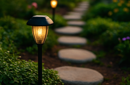 Solar-powered garden lights illuminating a stone pathway during golden hour