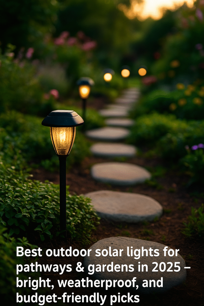 Solar-powered garden lights illuminating a stone pathway during golden hour