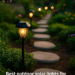Solar-powered garden lights illuminating a stone pathway during golden hour
