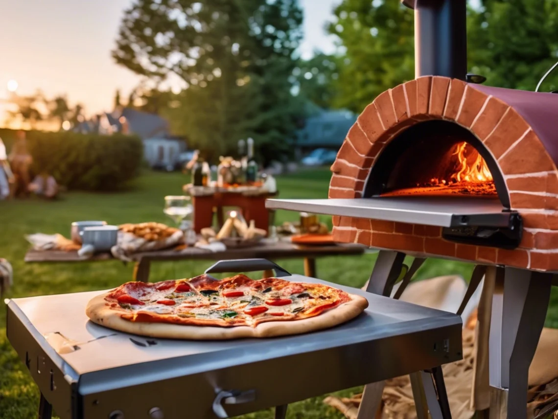 Outdoor wood-fired pizza oven baking a fresh pepperoni pizza on a sunny backyard patio, with a picnic table and food in the background.