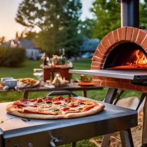 Outdoor wood-fired pizza oven baking a fresh pepperoni pizza on a sunny backyard patio, with a picnic table and food in the background.