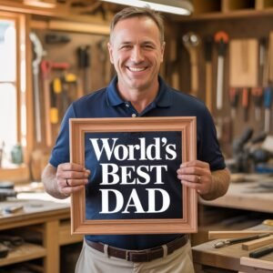 Smiling man in a workshop holding a framed sign that reads “World’s Best Dad.”