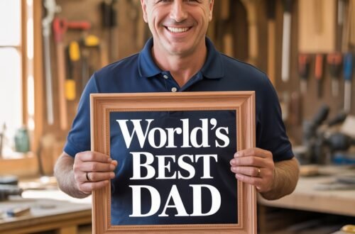 Smiling man in a workshop holding a framed sign that reads “World’s Best Dad.”