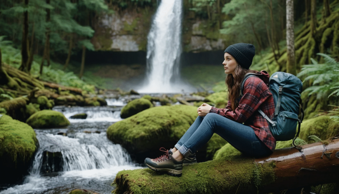 Woman hiker in plaid shirt and waterproof hiking boots sitting on a mossy log near a waterfall, with a black backpack beside her.