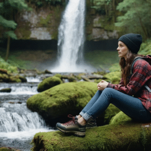 Woman hiker in plaid shirt and waterproof hiking boots sitting on a mossy log near a waterfall, with a black backpack beside her.