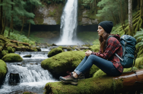Woman hiker in plaid shirt and waterproof hiking boots sitting on a mossy log near a waterfall, with a black backpack beside her.