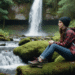 Woman hiker in plaid shirt and waterproof hiking boots sitting on a mossy log near a waterfall, with a black backpack beside her.